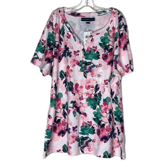 NWT |Karen Scott Pretty Floral on a Pink Top Henley Neck Short Sleeve Size:PXL - Picture 2 of 7